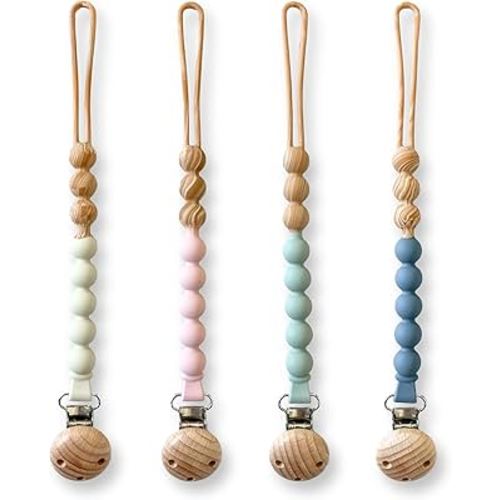 Hippypotamus Pacifier Clips - One Piece All Silicone Holder for Baby’s Binky & Teething Toys - No String Or Loose Beads - Set of 4 (Sand/Rose/Sage/Stone)