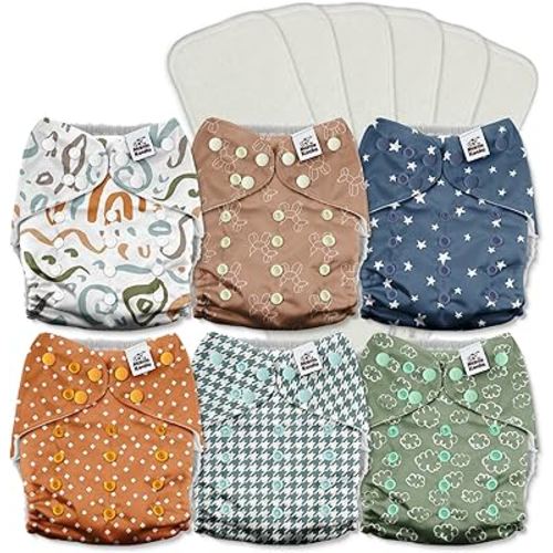 Mama Koala 3.0 Cloth Diapers for Babies with AWJ Lining, 6 Pack with 6 5-Layer Natural Cloth Diaper Inserts - Reusable and Washable Pocket Diapers(A-Full of Hope)
