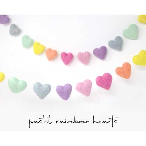 Pastel Rainbow Heart Garland | Felt Heart Garland | Felt Heart Pom Garland | Nursery Wall Decor | Pastel Rainbow Felt Hearts