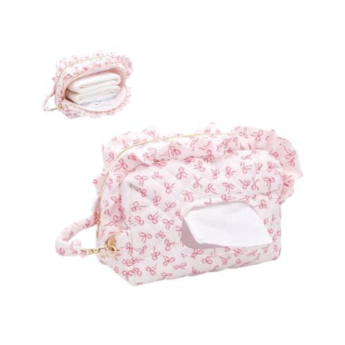 Qulited Diaper and Wipes Pouch Diaper Clutch Travel Wipes Case Dispenser | Double-Layer Ruffle Wipes Bag with lanyard for Stroller Car
