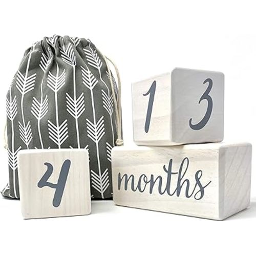 Pondering Pine Baby Milestone Blocks - Natural White Stain Pine Wood with Weeks Months Years Grade - Milestones Age Block Set with Bag, Newborn Weekly Monthly First Year Picture Props, Earth Friendly