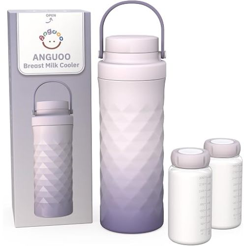ANGUOO 22oz Portable Breast Milk Cooler for Outdoor,360°Total Cooling for 24Hours,Larger Capacity Travel Breastmilk Chiller with 2pcs Baby Bottles for Breastmilk Storage, Breastfeeding Essentials