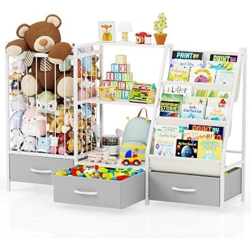 Kids Bookshelf and Toy Storage Organizer - 3-Tier Sling Bookcase, 47.2" W