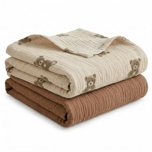 Muslin Swaddle Blankets for Boys Girls, 2 Pack Receiving Baby Blanket Large 47 x 40 inches, Soft Breathable Swaddling Wrap for Unisex Newborn (Bear, Brown)
