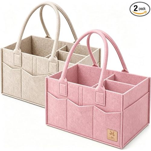 HIPHOP PANDA 2-Pack Diaper Caddy Organizer - Nursery Storage Bin & Car Organizer for Diapers, Wipes, and Baby Essentials - Dual-Color Solid Set (Pink/Oatmeal), Regular Size