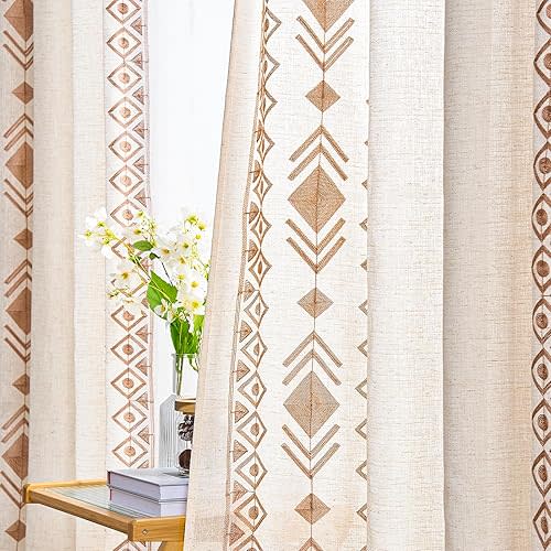 Boho Curtains 2 Panels for Bedroom Beige Geometric Embroidered Curtain 84 Inches Long Vintage Linen Textured Farmhouse Curtains for Living Room Light Filtering Drapes Grommet Top Beige on Cream