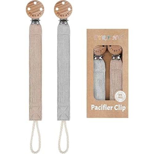 TYRY.HU Ribbon Pacifier Clip Holder,2 Pack Binky Paci Holder Clips, Pacifier Leash for Baby Boys and Girls, Soft Webbing Strap Universal Fits for Most Pacifier, Styles & Teethers Toys(Khaki,Grey)