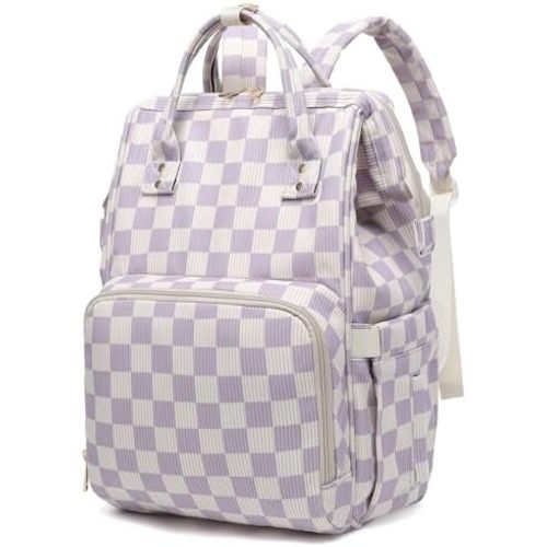 Baby Diaper Bag Backpack for Mom, Large Capacity Travel Nappy Bag for Boys & Girls with Stroller Straps (Corduroy Checkered Purple)
