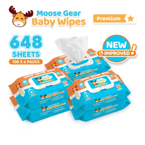 Moose Gear Baby Wipes Premium Powder Scent 648sheets 6PACKS w/ Vitamin E & Aloe Extract Thick & Soft
