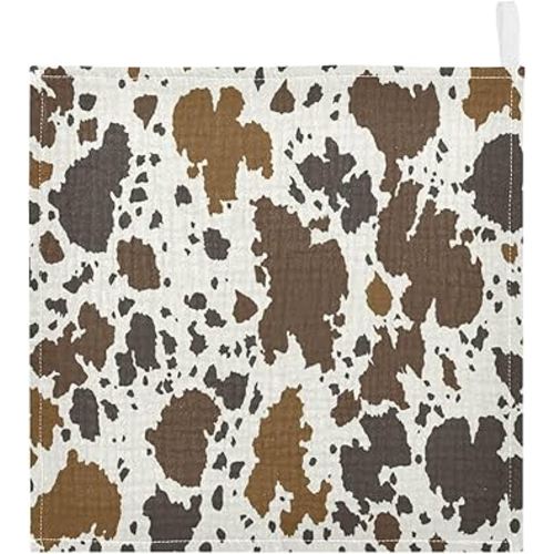 YETTASBIN Cow Print Muslin Baby Hand Washcloths, Soft Cotton Bath Face Towel, 4 Layers Extra Absorbent Feeding Burp Cloth for Newborn Infant Sensitive Skin, 5 Pack