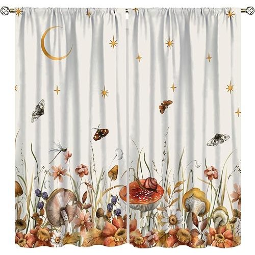 Rustic Mushroom Blackout Curtains for Bedroom,Retro Pink Cartoon Watercolour Nature Forest Plant Leaf Pinecone Simplicity Window Drapes Print for Kids Boys Girls Living Room Kitchen 52x84in
