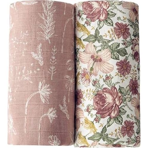 Little Jump 2 Pack Western Wild Flowers Muslin Swaddle Blankets for Baby Girls, Receiving Blanket Large 47 x 47 inches, Soft Breathable Muslin Baby Blanket for Newborn(Vintage Floral)