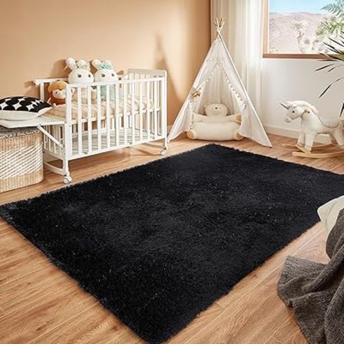 Floralux 4x6 Shag Fluffy Rug for Bedroom, Black, Area Rugs for Bedroom Living Room, Non-Slip Indoor Floor Plush Carpet for Nursery, Kids Baby Boys Teen Dorm Home Decor Aesthetic