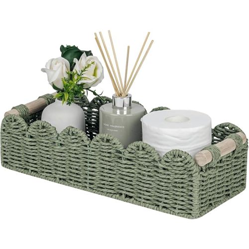 CubesLand Toilet Paper Storage Basket Scalloped Edge Home Decor Green Basket, Living Room Cozy Decor, Paper Rope Small Baskets for Over Toilet Storage Shelf, End Table, Shelves, with 2 Wooden Handles