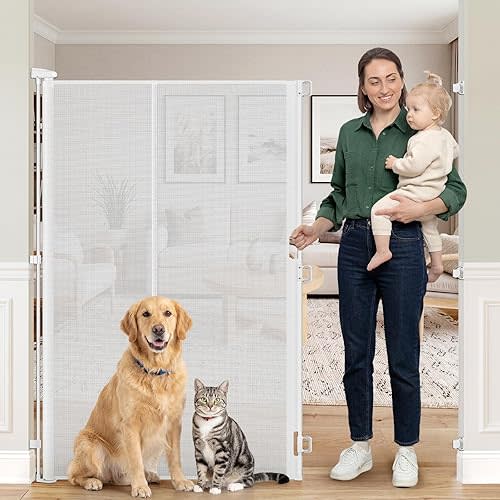 Reinforced 65" Extra Tall Baby Gate for Doorway, Jump-Resistant & Prevent Crawling Underneath Retractable Dog Gates Extra Tall, 0-55" W Retractable Pet Gate for Pet, Dogs, Cats, Puppies, Babies, White