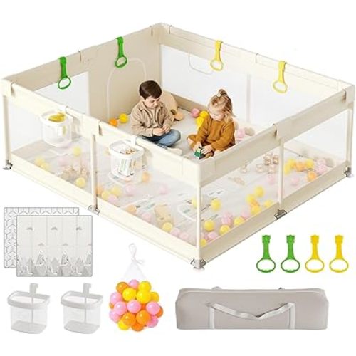 ZEEBABA Baby Playpen with Mat - 71x59in Extra Large Play Pen Play Yard for Indoor & Outdoor, Baby Fence Playard with Gate, Play Area for Toddler Parc pour Bébé (Beige)