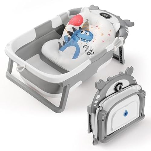 Baby Bathtub,Collapsible Baby Bath Tub with Thermometer & Soft Floating Cushion,Portable Travel Baby Bathtubs for Newborns to Toddlers 0-36 Months(Crab Gray)