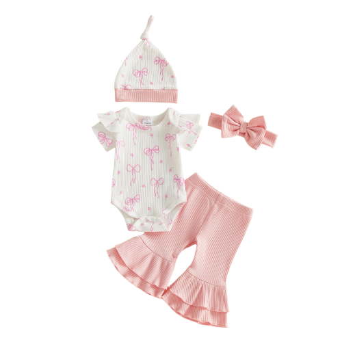BemeyourBBs Preemie Baby Girl Newborn Hosptial Coming Home Outfits Baby Girl Summer Clothes Short Sleeve Bow Print Romper Flare Pants Set Headband Hat Set