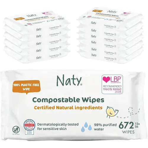 Naty Baby Wet Wipes | Natural, Unscented, 98% Purified Water for Sensitive Skin | Plant-Based & Fragrance-Free | Plastic-Free & Compostable | Gentle Diaper Wipes for Newborns | 672 Count (12 Packs)
