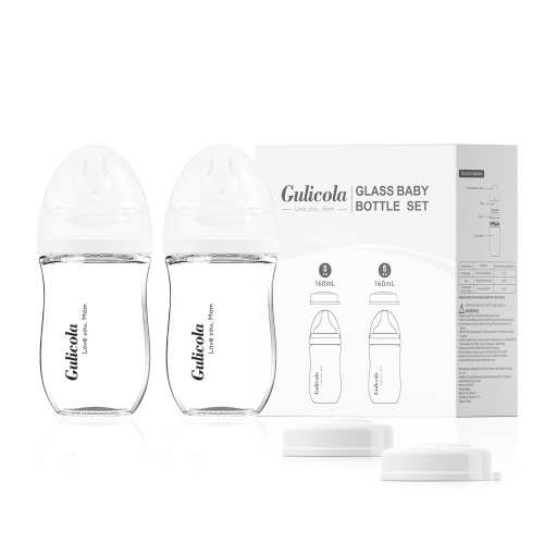 Gulicola Natural Glass Baby Bottle for Breastfeeding, Wide Neck with Slow Flow Nipple, 1 Months+, 5 oz, 2 Pack - White