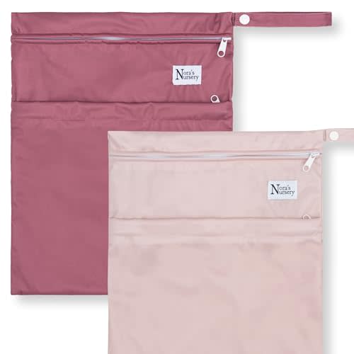 Nora's Nursery Wet Dry Bags with Two Zippered Pockets - Reusable and Washable for Swimming, Travel, Beach, Pool, Daycare, Cloth Diapers, Toiletries, and Wet Swimsuits - 11x15, Rose - 2-Pack