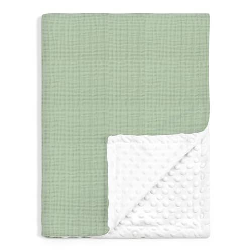 Baby Blankets for Boys Girls, Soft Nursery Minky Blankets with Muslin and Dotted Fleece Back 30x40 inches, Receiving Bed Quilt for Newborn, Infants, Toddlers (Green)