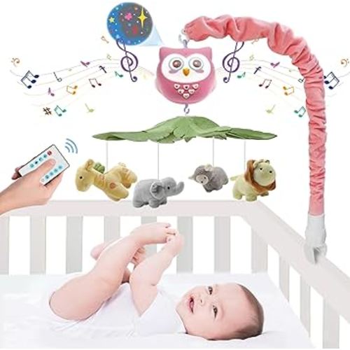 YUNGCHI Baby Crib Mobile with Music and Lights for Boys Musical Mobile Safari Animals for Girl Crib Bassinet Toys Hanging Portable Baby Mobile for Pack and Play Pink