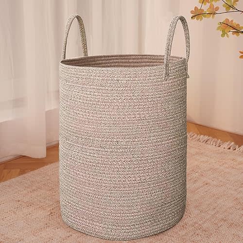Large Woven Laundry Basket Hamper,60L Cotton Rope Storage Bin for Blankets,Toys and Clothes,Decorative Tall Nursery Hamper for Living Room,Baby Nursery,Bathroom and Bedroom,Oatmeal