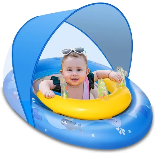 Baby Pool Float with Canopy Removable UPF 50+ UV Protection, 6-36 Months Babies Pool Floats Kids with Ocean Animal Toys and Adjustable Safety Seat for Beach, Swimming