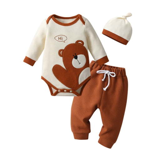Newborn Infant Baby Boy Clothes Long Sleeve Romper Pants Headband Hat Outfits Set ( Newborn, Brown)