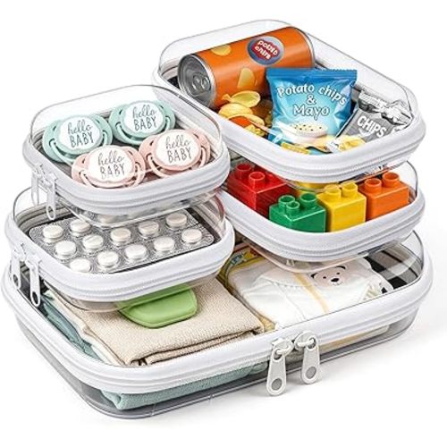 5 Pack Diaper Bag Organizer Pouches, Clear Hard Shell Zipper Cases for Baby Travel Essentials, Waterproof Storage Box for Pacifier Snacks Toys Wipes Clothes, Makeup Bag, Lego Toy Storage, Toiletry Bag