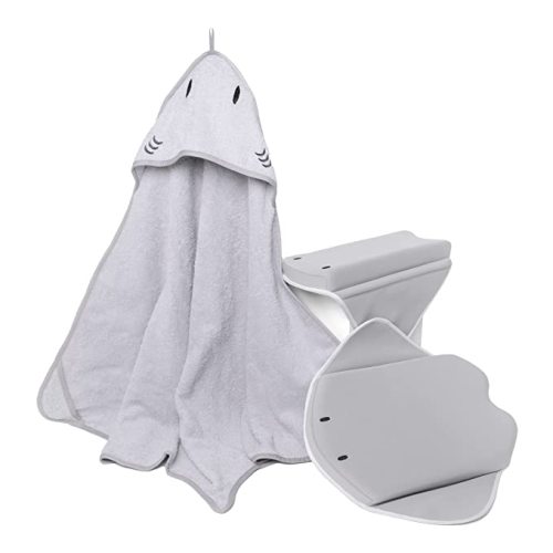 Ubbi Stingray Kneeler, Elbow Rest & Hooded Towel Bundle, Baby and Toddler Bath Time Must Haves for Parents and Baby, Gray