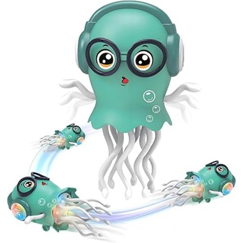 Magic Electric Dancing Jellyfish Toy with Led Light and Music,Playful Automatic Steer Crawling Dancing Baby Toy with Smart Tentacle Explorer,Octopus Toy,Tummy Time Toys(Green)