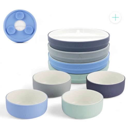 Kids Porcelain Mealtime Bundle | Suction Sleeves | 6.7" Plates + Bowls | 8 Pcs | Sage/Misty Blue/Navy/Gray