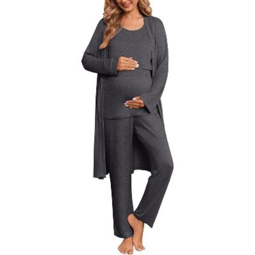 Ekouaer Nursing Pajamas Maternity Robe Set 3 Pieces Postpartum Maternity Pajama Set Pregnancy Breastfeeding Pj Deep Grey M