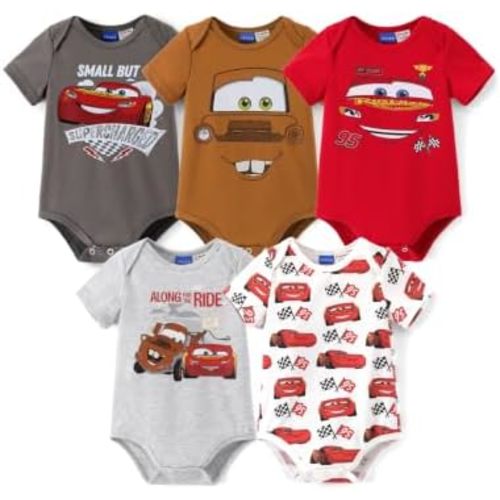 Disney Marvel Cars Toy Story Baby Clothes, 5 Pack Short-Sleeve Bodysuits, Newborn to Infant Outfits Costumes, 0-18 Months