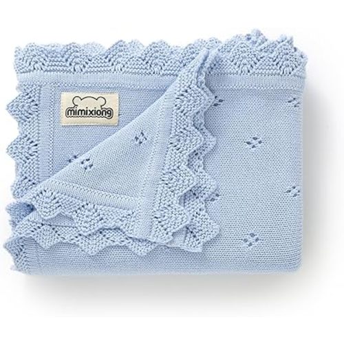 mimixiong Cotton Baby Blanket Knitted 30x40 Inch LightBlue for Newborn Baby Boy Girl, Swaddling Blankets, Crib, Receiving, Nursery, Crochet