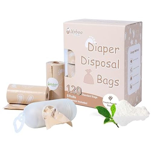 Diaper Bags Disposable for Baby, Biodegradeable Dirty Diaper Bags (8 Refill Rolls/120 Bags) with Dispenser | Leak Proof Diaper Trash Bags | Baby Poop Bags | Fresh Powder Scent