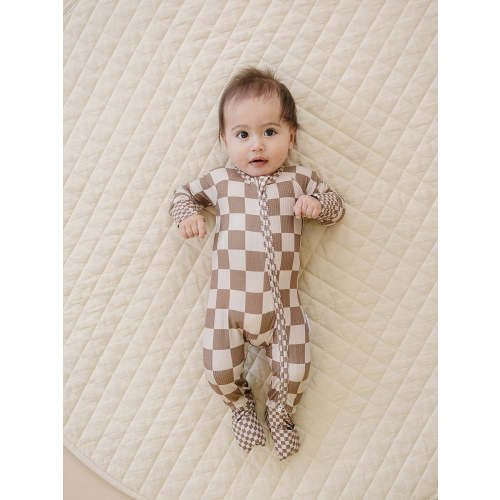 Ribbed Bamboo Zip Romper | Latte Checkered