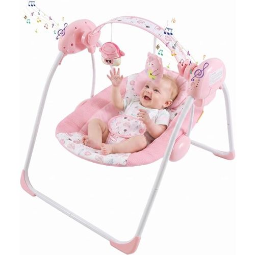 Portable Baby Swing for Infants, Compact & Foldable Infant Swing with 5-Speed Swing,Music, Timer, Cushioned Seat, Battery Operated, 0-9 Months 6-20 lbs,SG2402
