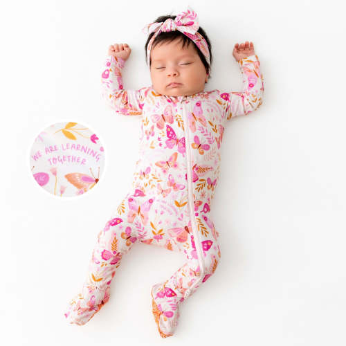 Bamboo Footie Zipper Baby Pajama - Pink Butterfly Bamboo Onesie Sleeper - We're Learning Together Affirmation – Raising Mama