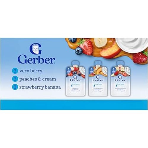 Gerber Toddler Food, Very Berry, Peaches & Cream, Strawberry Banana, Fruit Puree and Yogurt Pouches, Calcium Helps Support Strong Bones, No Artificial Flavors, 9-Pack
