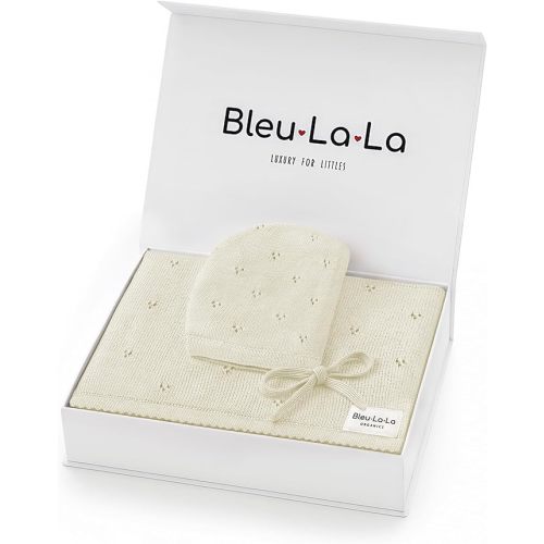 Organic Baby Blanket + Hat Gift Set - 100% Soft Luxury Cotton Unisex Receiving Swaddle Blanket + Bonnett Registry for Newborns & Infants (Butter Cream + Hat)