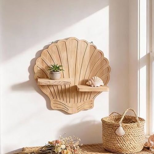 Boho Wood Wall Hanging Shelf, Seashell Floating Shelves, Sea Shell Holder, Wooden Seashell Display Box, Ocean Themed Trinket Storage Rack, Modern Wall Decor for Bedroom Living Room Nursery Bathroom