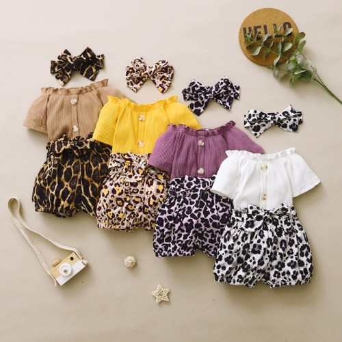 Baby Girl Solid Color Ribbed T-Shirt & Leopard Short & Headband - hibobi