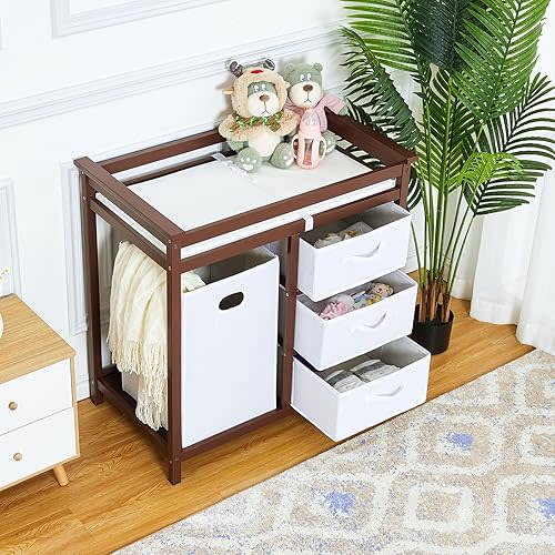 Wooden Baby Changing Table, Modern Baby Changing Station Dresser with Laundry Hamper, Diaper Changing Table, 3 Drawer Basket and Changing Pad for Baby Newborn Infant