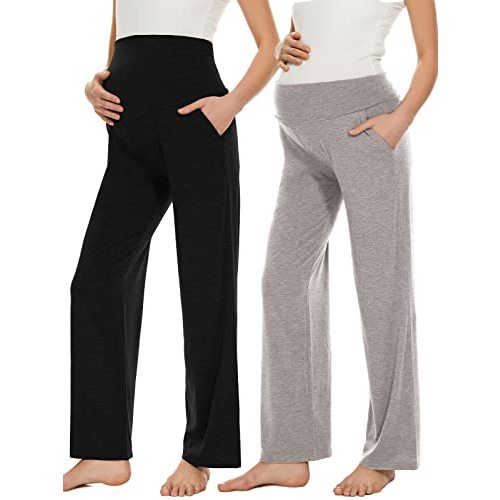 Ecavus Women's Maternity Wide/Straight Versatile Comfy Palazzo Lounge Pants Stretch Pregnancy Trousers with Pockets