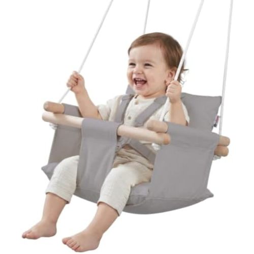CaTeam Canvas Baby Swing Seat with 5-Point Safety Belt — Wooden Hanging Toddler Swing, Indoor & Outdoor, Ages 1-4, Ceiling Mount Hardware Included, Taupe Gray