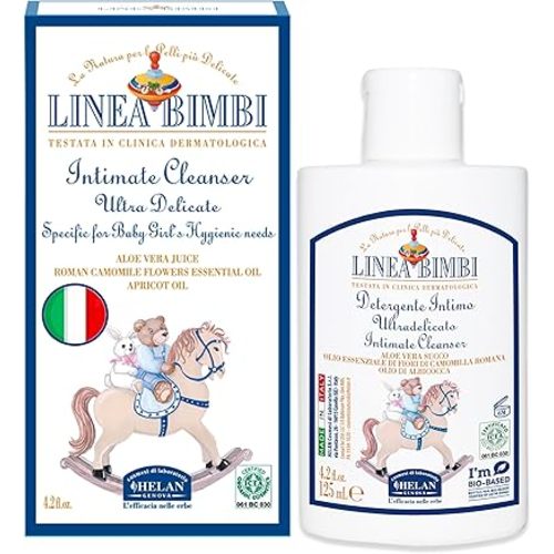 Helan Linea Bimbi Bio-Feminine Wash for Girls with Aloe Vera, Apricot & Chamomile Essential Oils-Microbiologically Tested Intimate Wash and Gentle Baby Intimate Cleanser-Made in Italy, 125ml 4.2 fl oz