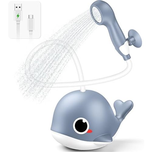 Whale Baby Bath Sprayer, Control the Flow Hands-Free 2 Gentle Modes | Rechargeable baby bath sprayer with wall-mounted suction, hands-free shower for newborns & toddlers, gentle hair & body rinse